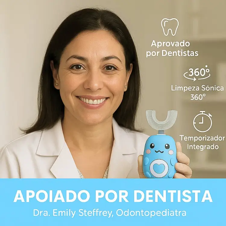 Selo 'Aprovado por Dentistas' com dentista a segurar a escova